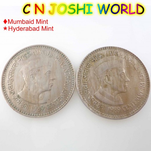 5 Rupees COPPER-NICKEL 1989 JAWAHARLAL NEHRU CENTENARY 2 Coins Hyderabad Mint Noida Mint