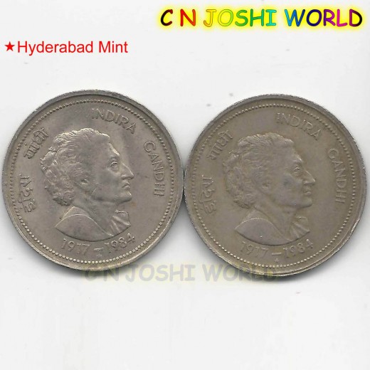5 Rupees COPPER-NICKEL 1984 INDIRA GANDHI 2 Coins Very Rare Hyderabad Mint